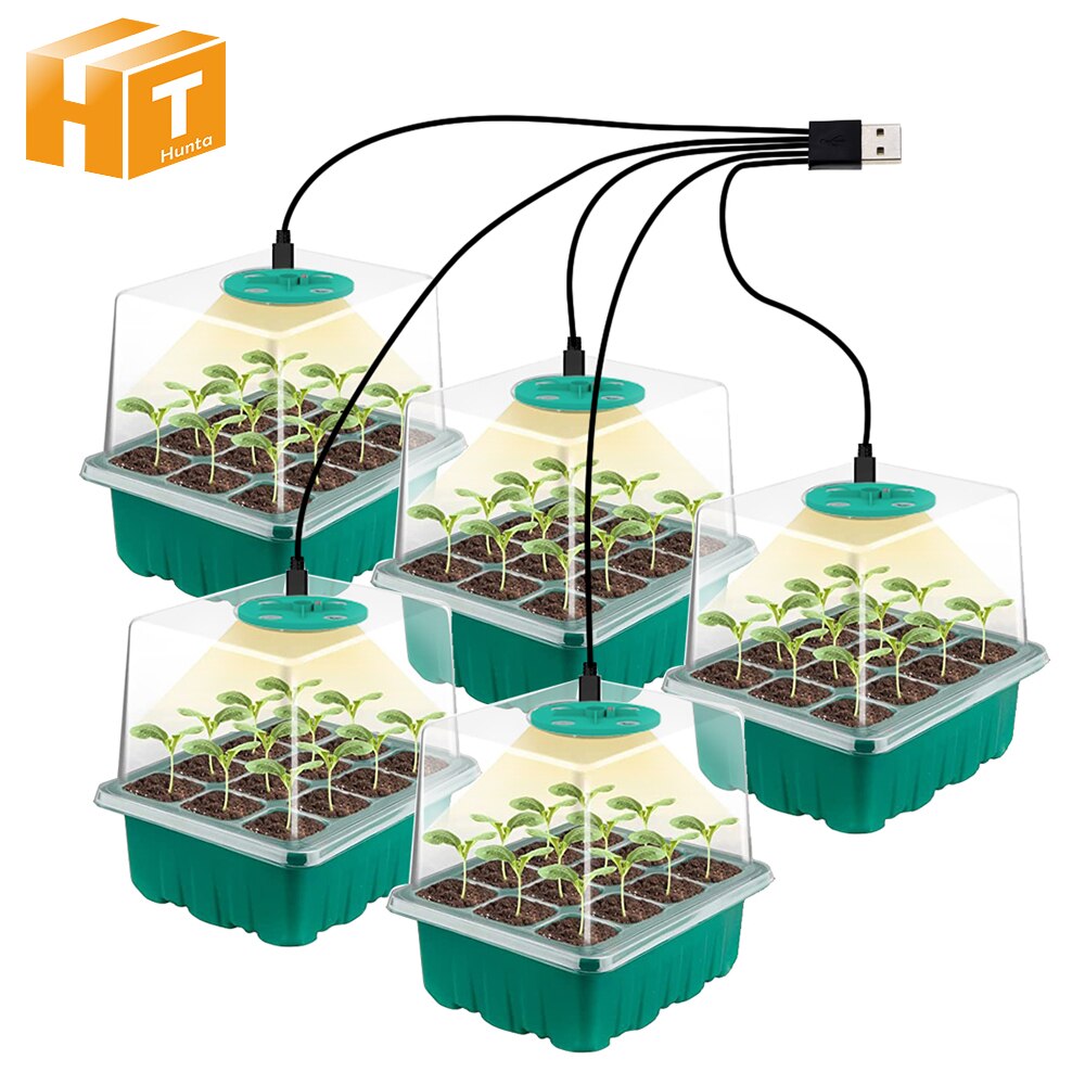 Greenhouse Seeding Trays With Grow Lamp 12 Holes Per Tray 5 Pack A Warm Environment With Full Spectrum LED Grow Light